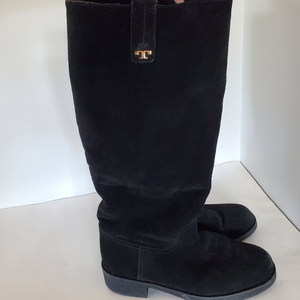 TORY BURCH Sz 9 WAYLAND Black Suede Sheep Fur Tall Boots Gold Logo 1.5" Heel EUC - Picture 6 of 16